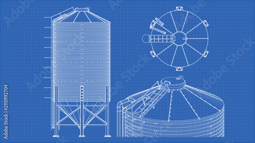 Storage Grain Silo design and engineering - technical drawing blueprint. 3D rendering isolated on blue background. Ideal for professionals, educational, engineering design