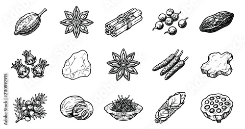 Bild auf Leinwand Vintage hand drawn spices and herbs collection, 15 black and white vector icons