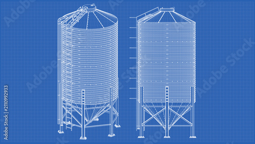 Storage Grain Silo design and engineering - technical drawing blueprint. 3D rendering isolated on blue background. Ideal for professionals, educational, engineering design