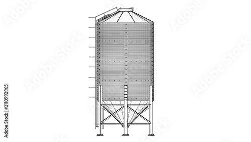 Storage Grain Silo design and engineering - technical drawing blueprint. 3D rendering isolated on white background. Ideal for professionals, educational, engineering design