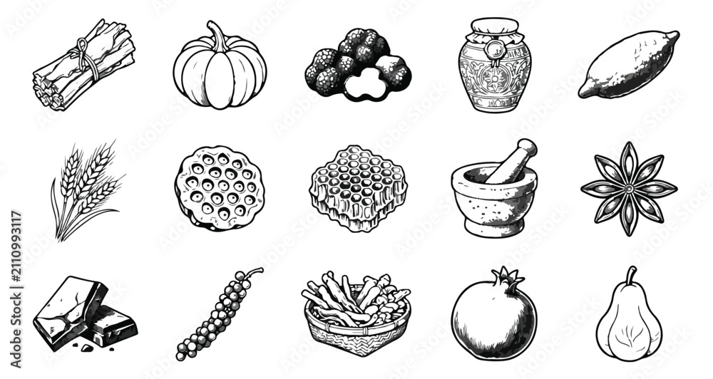 Fototapeta premium Vintage hand drawn food icons set, 15 black and white organic ingredient vectors, rustic culinary sketches for menu design and packaging