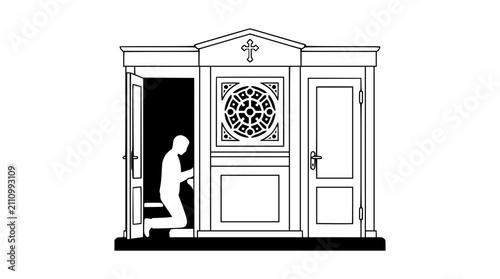 Konstfotografi Confession Booth Silhouette: Man Kneeling in Prayer, Religious Sacrament, Cathol