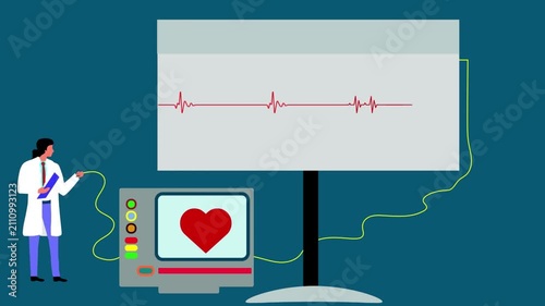 A cardiologist operating heart pump device with ecg pulse monitor illustration. 