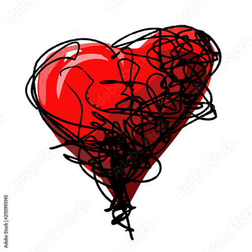 Tangled messy red heart vector illustration representing complicated love, relationship stress, and emotional confusion isolated on white background.
