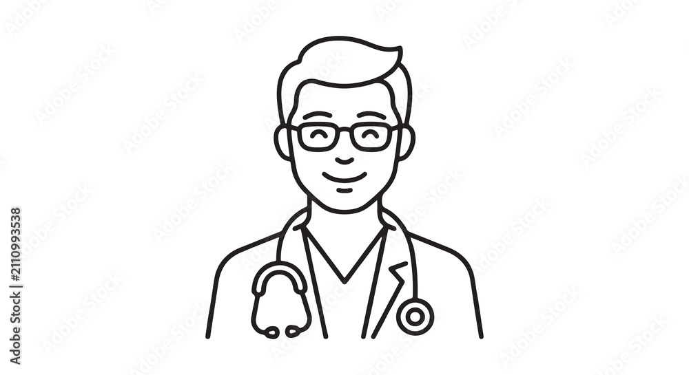 Fototapeta premium Simple line art icon of a male doctor wearing glasses and a stethoscope.