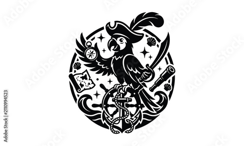 pirate parrot navigator, pirate parrot silhouette, navigator parrot vector, pirate bird illustration, parrot silhouette vector, pirate mascot bird, nautical parrot logo, pirate companion vector