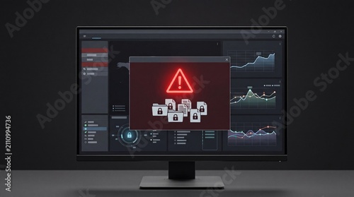 Computer monitor displaying error alerts and analytics graphs, warning about potential issues in data management.
