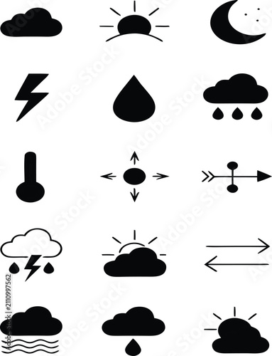 Weather and climate condition featuring clouds, sun, moon, lightning, rain, temperature, and wind symbols in solid black
