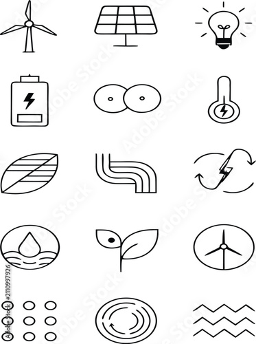 Renewable energy and environmental sustainability line featuring wind turbines, solar panels, lightbulb, battery, and water