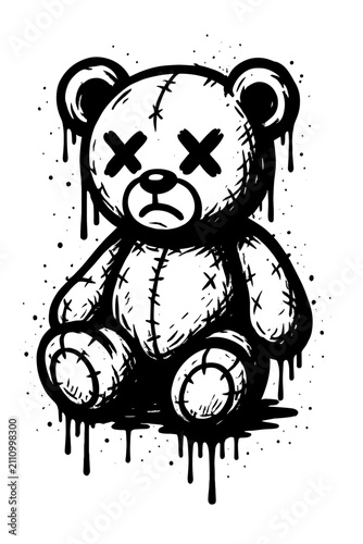 Creepy Teddy Bear Black and White Horror Vector Illustration