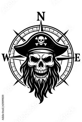 Pirate Skull Compass Black and White Nautical Vector Illustration
