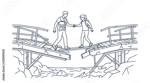 Man in Safety Vest Helping Woman Cross Broken Bridge Line Art Illustration