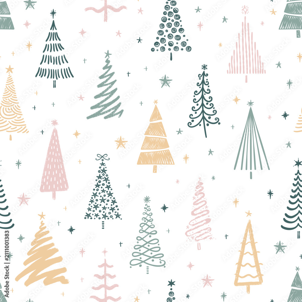 Obraz premium Fun hand drawn seamless pattern with cute Christmas Trees, lovely seasonal background - vector design