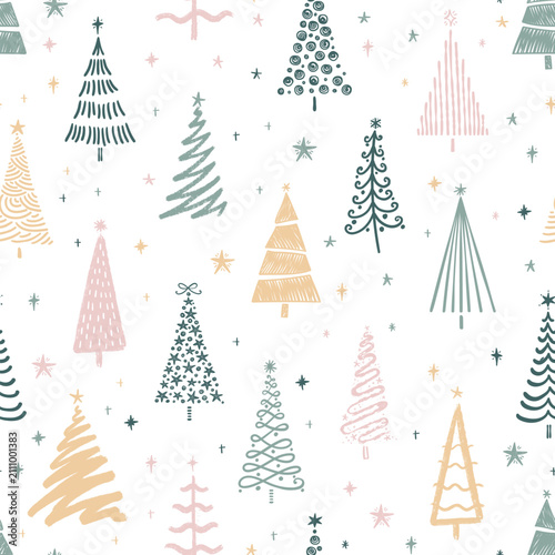 Fun hand drawn seamless pattern with cute Christmas Trees, lovely seasonal background - vector design