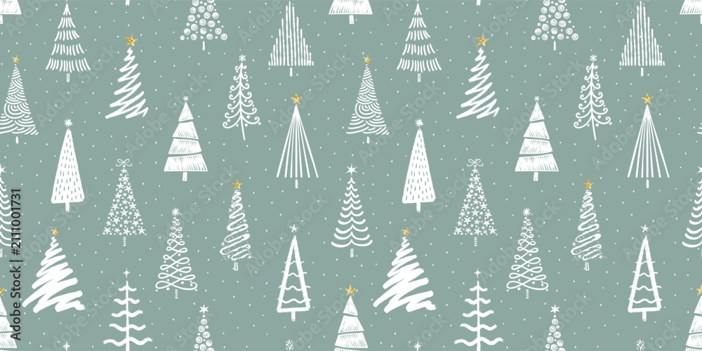 Obraz premium Fun hand drawn seamless pattern with cute Christmas Trees, lovely seasonal background - vector design