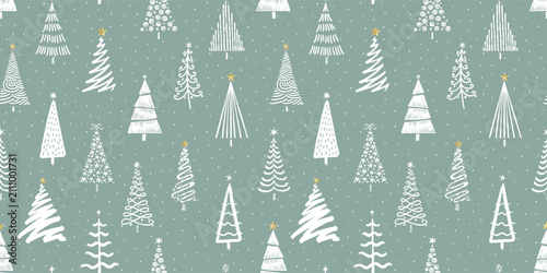 Fun hand drawn seamless pattern with cute Christmas Trees, lovely seasonal background - vector design