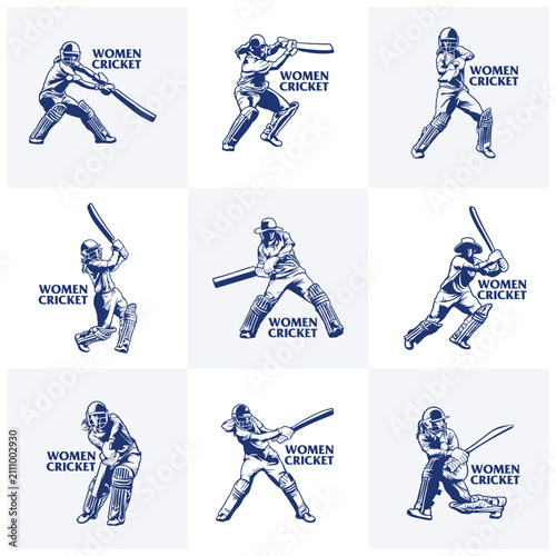 Set of Female Cricket Batsman Vector Illustration Logo. Silhouette design is perfect for sports mascots, cricket team logos, athletic apparel, training facility branding