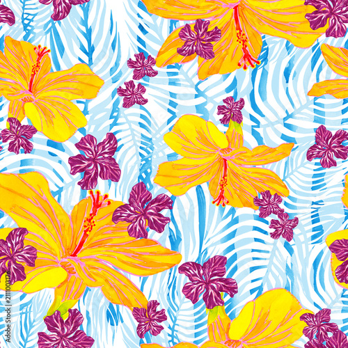 Seamless floral Hawaiian print on a striped palm leaf background