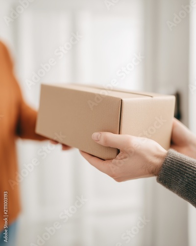 Person hands over cardboard delivery box to another person. Concept of shipping, logistics, courier service, and online commerce