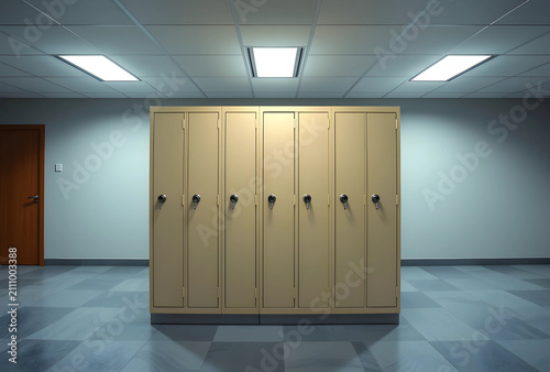 Row of beige metal lockers ...