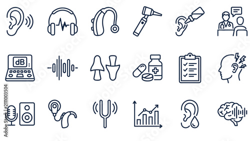 Hearing treatment line icons with editable stroke. Representing audiology, hearing aids, audiometry, ear care, tinnitus treatment and hearing diagnostics.