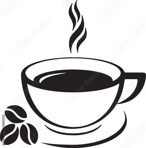 This is a clean, high-contrast black vector icon featuring a classic cup with steam
gracefully rising from it and two coffee beans; the design is simple and neat
perfect for modern branding or stock i