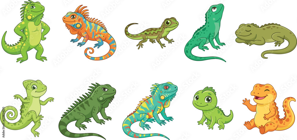Naklejka premium Cute iguana lizard vector character set with colorful exotic reptiles chameleons and adorable tropical cartoon animals