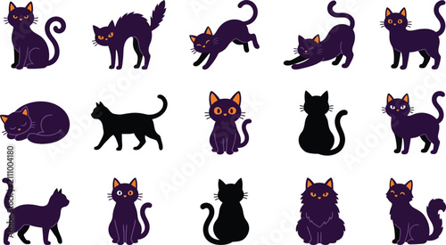 A creative halloween bundle featuring a collection of various black cat illustrations in different poses perfect for festive holiday designs and seasonal decorations