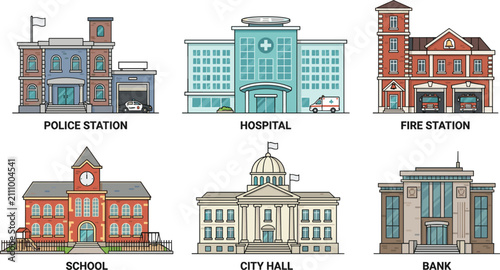 Konstfotografi City public building vector set with hospital police station firehouse school ci