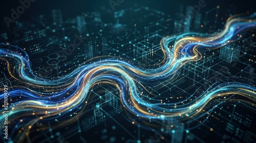 Digital Data Streams and Network Technology Visualization with Bright Light Trails