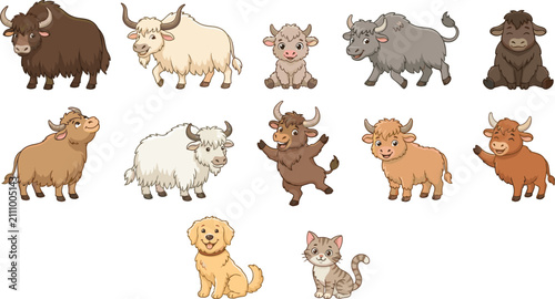 Quadro su tela Cute yak vector character set with fluffy highland cattle adorable farm animals