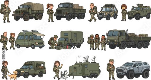 Foto Military vehicle and army soldier vector set with military trucks armored cars c