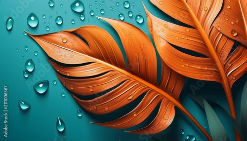vibrant tropical leaves in warm orange hues with dew drops on a cool teal background mobile phone wallpaper
