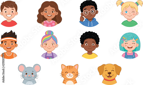 Adorable kids face avatar vector set with diverse children expressions cute cartoon portraits and friendly pet animals