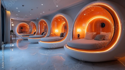 Futuristic circular beds in a modern hotel room.