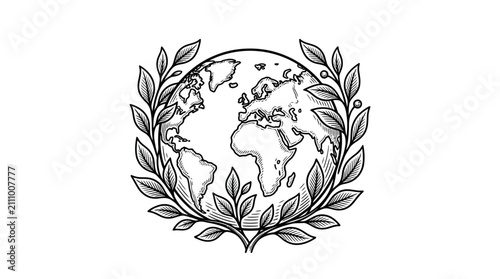 Quadro su tela Modern Black and White Line Art of a Globe Encased in a Laurel Wreath Symbolizin