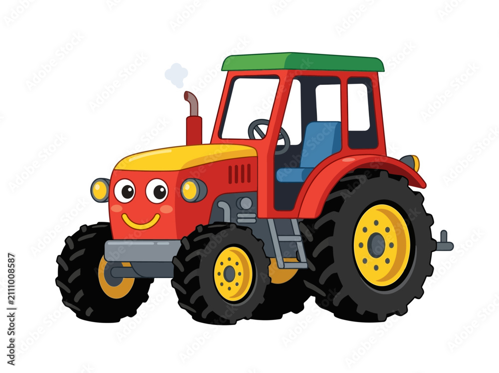 Fototapeta premium Cute cartoon red tractor with a smiling face and big wheels.