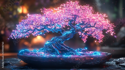 Glowing pink and blue bonsai tree in a stone pot.