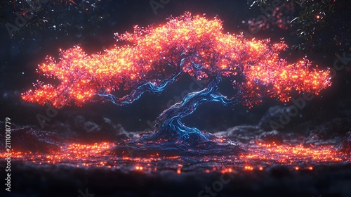Glowing bonsai tree with fiery leaves and blue trunk, dark background.