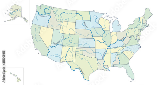 Cuadro en lienzo US Map, Detailed United States map vector graphic featuring major rivers like th