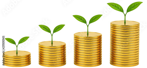 Growing stacks of golden coins with green plants sprouting on top symbolizing financial investment growth, sustainable prosperity, wealth development, and economic success