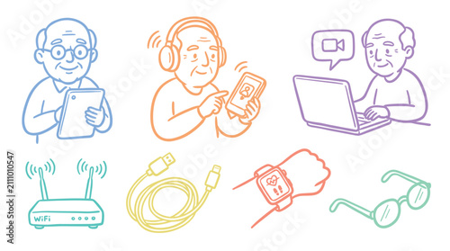 Senior citizens embrace modern digital technology, utilizing tablets, smartphones, laptops, and smartwatches for communication and health.