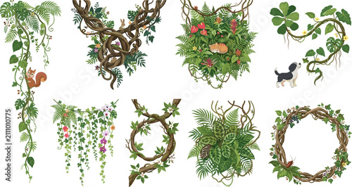 Billede på lærred Jungle vines lianas and tropical foliage vector illustration set hanging creeper