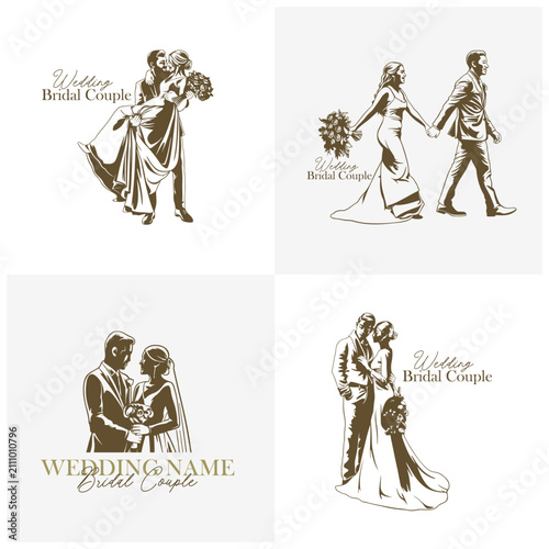 Set of Elegant Wedding Bridal Couple Vector Illustration Logo. Perfect for wedding organizers, bridal shops, invitation cards, and romantic brand identities.