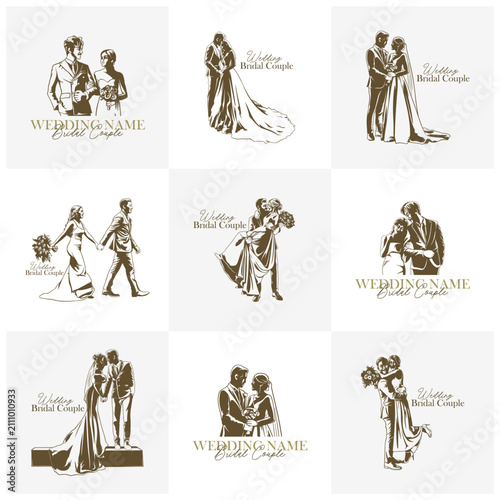Set of Elegant Wedding Bridal Couple Vector Illustration Logo. Perfect for wedding organizers, bridal shops, invitation cards, and romantic brand identities.
