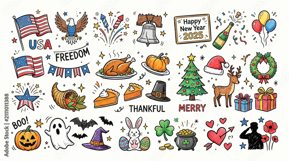 Fototapeta premium Hand drawn festive doodle collection of seasonal holiday symbols and icons set