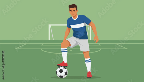 Professional football player standing on a green soccer field with his foot resting on a classic leather ball.
