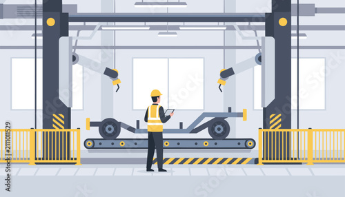 Industrial engineer monitoring an automated car assembly line with robotic arms inside a modern factory.