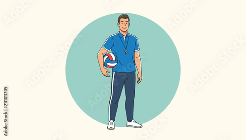 Smiling volleyball coach or high school physical education teacher holding a volleyball in a round teal frame.