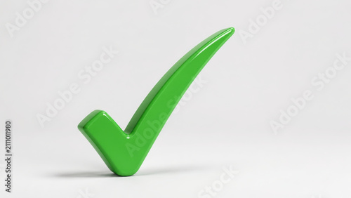 Green check symbol stands upright on white background representing completed task and positive approval with clean modern look